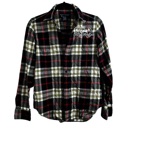 Ralph Lauren Madres Plaid Deer Crest Logo MCMLXVII Navy Red Button Front Shirt - Picture 1 of 8